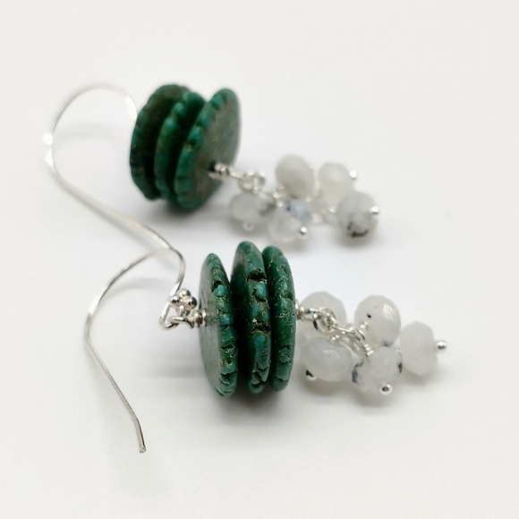 Sterling Silver Turquoise Moonstone Dangle Earrings - Picture 3 of 8